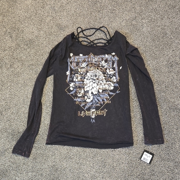 NWT Affliction Women's Wildflower Daz Black Graphic Long Sleeve Top Sz XS - Picture 1 of 8